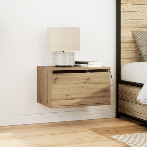 Gecheer Nachttische mit LED-Lichtern 2er Set Wandmontiert Artisan Eiche, Nachtschrank Nachtkonsole Nachtkommode Schlafzimmer Schrank Kommode