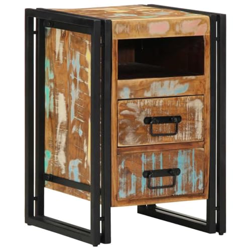 CongVVFV Nachttisch aus Massivholz Altholz 40x40x59 cm mit Stauraum und Eisen-Gestell für Schlafzimmer Dieser robuste Nachttisch aus recyceltem Massivholz wie Teak und Kiefer bietet
