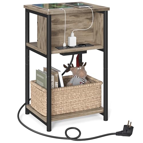 VASAGLE Beistelltisch, Nachttisch mit Steckdose, schmal, 2 AC-Anschlüsse, 2 USB-Anschlüsse, 30 x 34 x 58 cm, für Wohnzimmer, Schlafzimmer, haselnussbraun-schwarz LET375K01 VASAGLE Beistelltisch, Nachttisch mit Steckdose, schmal, 2 AC-Anschlüsse, 2 USB-Anschlüsse, 30 x 34 x 58 cm, für Wohnzimmer, Schlafzimmer, haselnussbraun-schwarz LET375K01