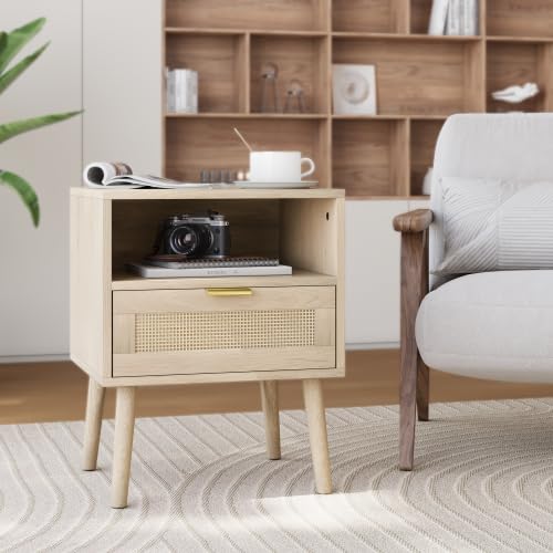 HAINEW Moderner Nachttisch Nachtschrank Beistelltisch mit 1 Rattan Schublade und 1 offenes Staufach, Nachtkommode Sofatisch für Schlafzimmer und Wohnzimmer, 45×40×55,5cm