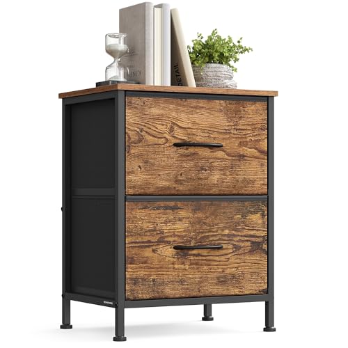 SONGMICS Nachttisch, Kommode, 2 Stoffschubladen, Aufbewahrungsschrank, Stahl, MDF, Vliesstoff, für Schlafzimmer, Flur, Wohnzimmer, vintagebraun-tintenschwar z LGS312BH04