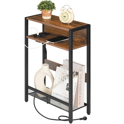 CHOEZON Beistelltisch Schmal, Sofatisch mit Ladestation, Nachttisch mit 2 Holzwerkstoffplatten und 1 Metallregal, für kleine Räume, Wohnzimmer, Vintagebraun und Schwarz DTBZ05CBF