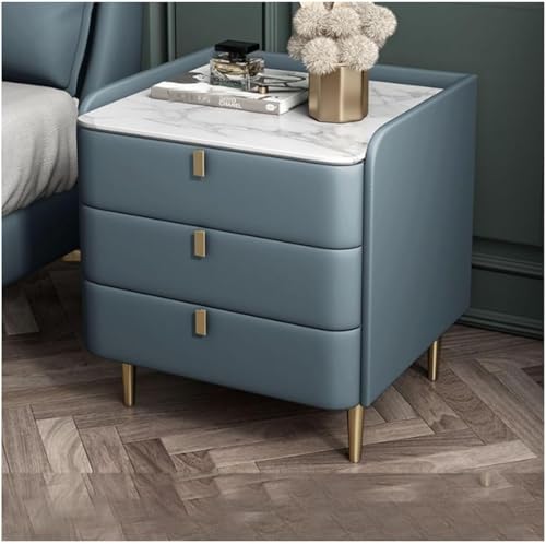 ( en : Mid Century Moderner Kunstleder Marmor Muster, gesinterter Steinplatte, Holz, 3 Schubladen, Schlafzimmerschrank, 50 x 39,9 x 69,1 cm, Blau)