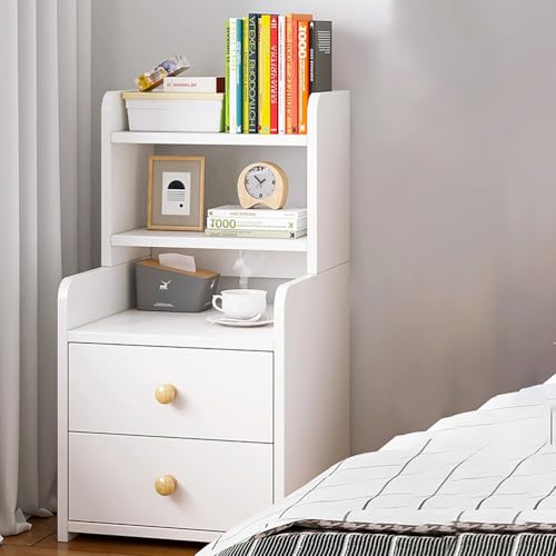 WYRNOBRX Nachttisch Mit Offenem Ablagefach Klassik Nachtkommode Landhaus Nachtschränkchen 2 Schublade Modern Nachtschrank Für Schlafzimmer Wohnzimmer H 70/100 cm Großformat,Weiß,L16 W16 H40
