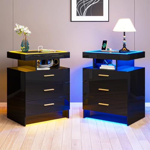 Gurexl Smart Nachttisch 2er Set,Beistelltisch mit Ladefunktion und LED,schubladenschrank mit 24-farbigen RGB-Lichtern,kommode mit Glasplatte,Nachtschrank mit 1 offene Fächer, für Schlafzimmer?Schwarz