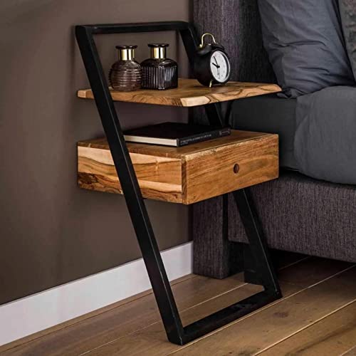 Ringo-Living Bett Nachttisch Nalani aus Massivholz & Metall, Holz Nachttisch mit Schublade, Beistelltisch mit Ablage, Nachttisch Massivholz Kommode, Nachttisch Industrial Style, Nachttisch hängend