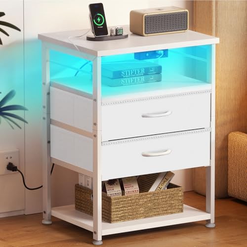 Coleshome Nachttisch Weiß für Schlafzimmer, mit 2 USB und 1 Steckdosen und LED-Leuchtbänder, Nachttische mit 2 Stoffschubladen und 2 Speicherplatz, Geeignet für Kleine Schlafzimmer, 40 * 30 * 70cm