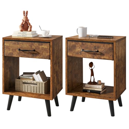 YMYNY Nachttisch 2er Set, Nachtschrank, Beistelltisch, mit Stoffschublade, Griff, Offenes Fach, Massivholz Beinen, Holz Couchtisch, für Schlafzimmer Wohnzimmer, Rustikales Braun HST020H-2
