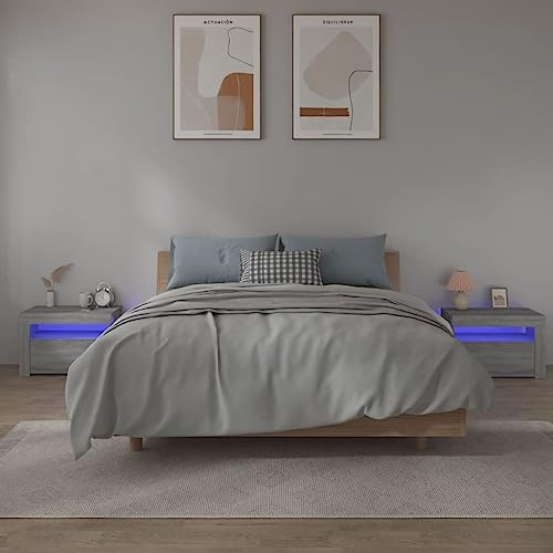 HaoChrymec Nachttische 2 STK. mit RGB LED Beleuchtung, Holzwerkstoff, Kommode Schlafzimmer, Beistelltisch für Schlafzimmer und Wohnzimmer, Nachttisch Grau, 60x35x40 cm