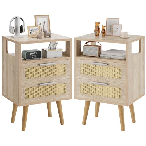 YMYNY Rattan Nachttisch 2er Set, Beistelltisch mit 2 Schubladen, Boho-Nachtschrank, Offener Regal, Massivholz Beinen, Sofatisch, Couchtisch für Wohnzimmer, Büro, Schlafzimmer, Naturfarben HST015N-2