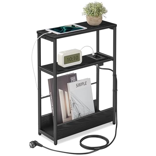 VASAGLE Beistelltisch schmal, Nachttisch mit Ladefunktion, Couchtisch klein, 3 Ablagen, Zeitschriftenhalter, für Wohnzimmer, Schlafzimmer, Arbeitszimmer, ebenholzschwarz-tintensch warz LET335B02