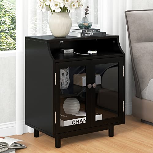 LaYaQbin Nachttisch Nachttisch mit Ablageflächen und Schränken für Wohnzimmer/Schlafzimmer, Glastür, USB-Design, Schwarz