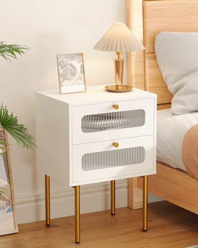 JERX Nachttisch, Nachtschrank mit, Prismenglas-Front, Modernes Design für Schlafzimmer, Gästezimmer, Goldene Metallfüße (Weiß, 2 Schublade)