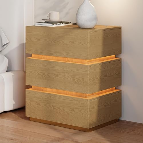 Homary LED Smart Nachttisch mit kabelloser Ladestation, Nachttisch mit Schubladen & USB-Anschlüssen, Modernes Nachtkästchen mit LED-Beleuchtung für Schlafzimmer (Led Natürlich 3 Schubladen)