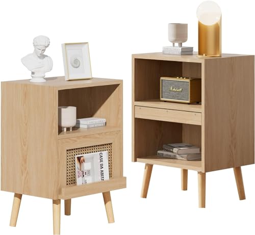 UEV Nachttisch 2er Set Rattan, Nachtkommode mit Füße, Sofatisch mit Beine, Nachtschank im Boho-Stil, Beistelltisch für Wohnzimmer Schlafzimmer, 40 x 30 x 60cm, Natur