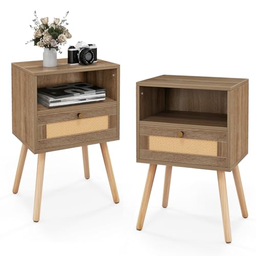 KOMFOTTEU Nachttisch mit Schubladen aus Rattan, Nachtkommode Holz, Nachtschrank mit Kiefernbeinen & offenem Fach, Nachtkonsole Beistelltisch für Schlafzimmer Wohnzimmer 40x30x60,5cm
