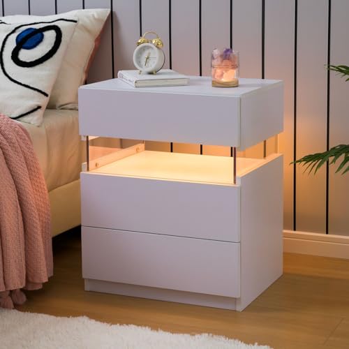 ToolArtess LED Nachttisch Weiß Nachttische Nachtschrank mit 3 Schubladen Nachtkommode für Schlafzimmer