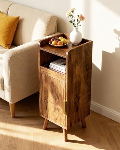 Nivadeui Nachttisch Schmal Braun Holz, Kleiner Nachtkästchen Beistelltisch mit Tür, Nachttische mit Tablett, Metallgriff Massivholz Beinen, Nachtschrank für Schlafzimmer, Wohnzimmer