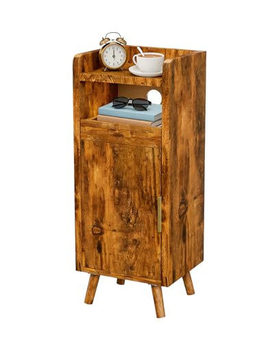 Askelierg Nachttisch Schmal 25 cm, Vntage, Kleiner Nachttisch mit Schublade & Tür, Nachtschrank Kabelmanagement, Beistelltisch Platzsparend für Wohnzimmer, Schlafzimmer, 25x 30 x 61 cm (Braun)