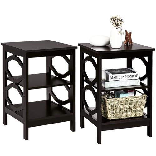 GIANTEX 2er Set Nachttisch, Beistelltisch Nachtschrank Holz 3 Ebenen, kleine Nachtkommode Nachtkonsole, Sofatisch Couchtisch Flurtisch Telefontisch für Wohnzimmer Schlafzimmer 40x40x61cm Braun