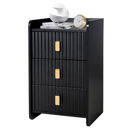 ESTUWD Nachttisch mit 3 Schublade, Nachttische Boxspringbett, Nachtschrank Holz Geriffelte Front, Platzsparend & Einfach Montiert, Beistelltisch Nachtkästchen für Bedroom Living Room (schwarz)