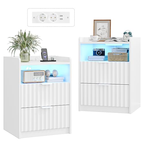 mojiasion Nachttisch 2er Set weiß mit USB-Ladestation & LED-Beleuchtung – 2 Schubladen + Staufach – Moderner Nachtschrank Weiss-Set als Beistelltisch/Couchtisch für Schlafzimmer & Wohnzimmer