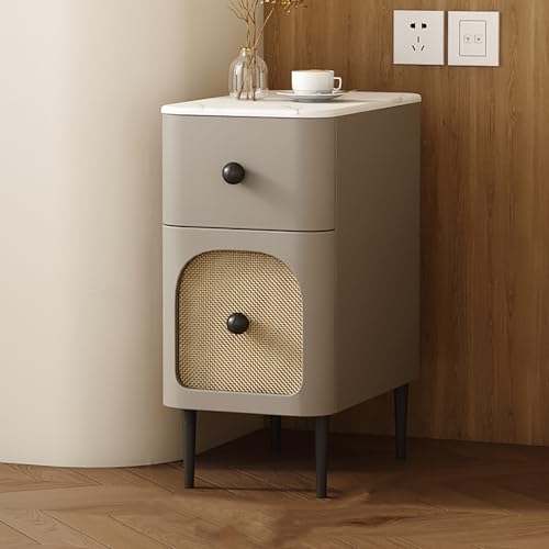 Schmaler Nachttisch aus Kunstleder, moderner Nachttisch mit 2 Schubladen und Metallbeinen, kleiner Beistelltisch für Schlafzimmer und Wohnzimmer, stilvoller Massivholzschrank