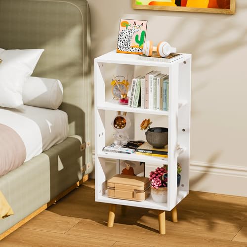 Lvhecforhm Nachttisch mit LED-Beleuchtung, Nachtschrank mit 3 Offenen Ablagen, Einstellbare Farben, Nachtschrank Schlafzimmer, Modern Weiß Nachtkästchen 40x30x87.5cm,ideal für Wohnzimmer,Beistelltisch