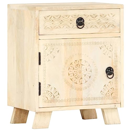 Qnhdfrt Nachttisch Beistelltisch aus Massivholz Mango Gebleicht-Weiß 40x30x50 cm mit Schublade und Tür Vintage Design für Schlafzimmer oder Wohnzimmer