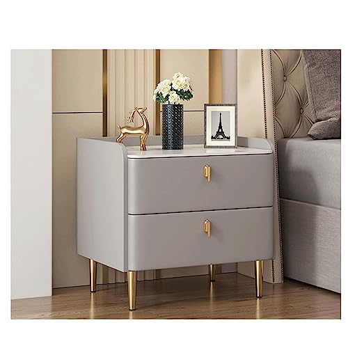 Nachttisch aus Massivholz mit 2 Schubladen, Kunstmarmorplatte, Kommode aus PU-Leder, Beistelltisch für Schlafzimmer-Dekor