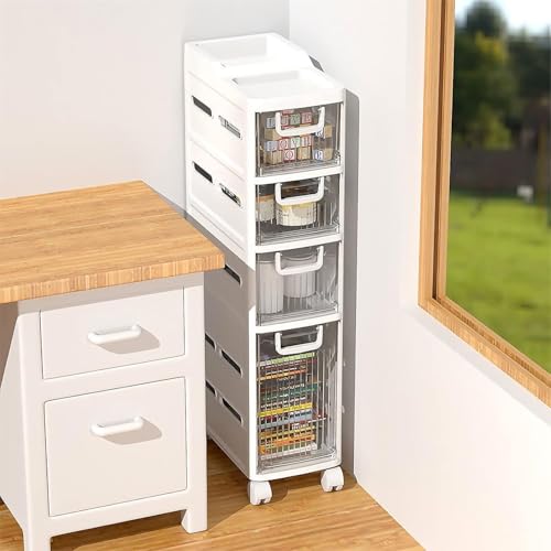 Kompakter Badezimmerschrank mit 4 transparenten ausziehbaren Schubladen, schmales Design für kleine Räume, hohe Aufbewahrungslösung, ideal für die Organisation von wichtigen Gegenständen