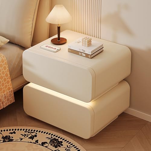 WYRNOBRX Landhaus Nachttisch Beistelltisch Weiß Holz Mit LED Licht 2 Schublade Beistelltisch Stauraum Schlafzimmer Wohnzimmer Moderner Nachtschrank Schlichter Nachtkästchen,White/a,L1 8*W16*H20