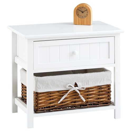 IDIMEX Nachttisch AKURE mit Weidenkorb weiß - Schlafzimmer Nachtschrank mit Schublade und Korb, Beistelltisch Landhausstil, kleines Schränkchen, Nachtkommode aus Kiefernholz
