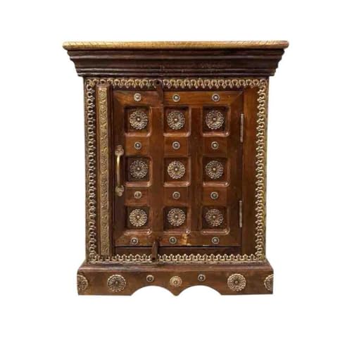 Oriental Galerie Indische Nachtkommode mit Tür und Messingbeschlägen, Schrank Nachttisch Asien Blume des Lebens Antik-Optik Braun Gold 50 cm