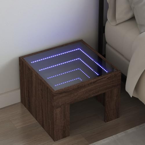 Runheo Nachttisch mit Infinity-LED, Braun Eichen-Optik, 40x40x30 cm, Holzwerkstoff, Glas, für Schlafzimmer, Wohnzimmer, Stabiler Beistelltisch mit Ambientebeleuchtung