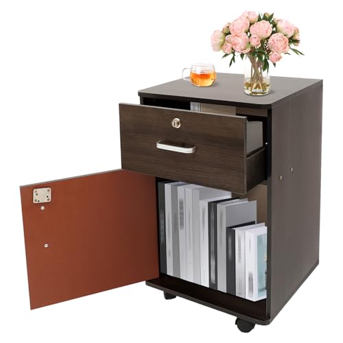 SABUIDDS Nachttisch, Beistelltisch mit Schublade, Rollcontainer, Nachtschrank, Aktenschrank für Schlafzimmer, Wohnzimmer, Büro, bis 30kg, 37 * 34 * 59cm (Schwarzer Nussbaum)
