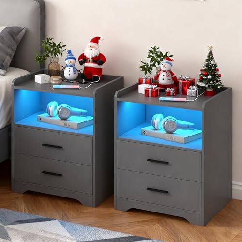 Vlsrka RGB Nachttisch 2er Set mit Ladefunktion, LED Nachttisch mit USB und Type-C, Nachtschrank mit 24 Farben Licht, Moderner Nachtschrank mit 2 Schubladen, Nachttische Holz Schlafzimmer, Grau