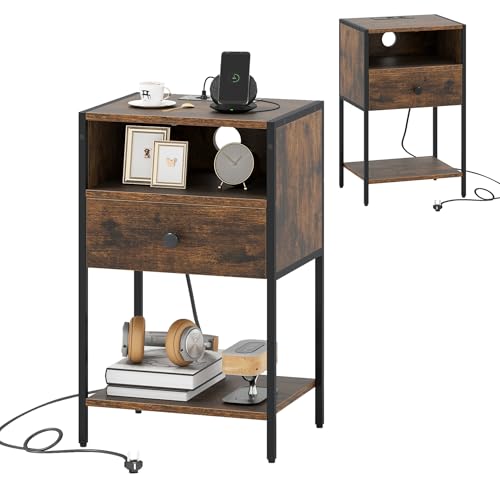 KOMFOTTEU Integriertem Ladestation, Beistelltisch offenem Regal, Nachtkommde Nachtschrank Metallrahmen, Sofatisch für, Wohnzimmer (Braun)