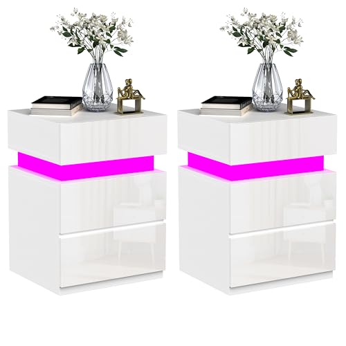 Lvhcmfohm 2er Set Nachttisch mit LED, Nachtschrank mit LED-Beleuchtung 25 Lichtfarben, Sofatisch 3 Schubladen Hochglanz, Kabelführung, Nachtkästchen Weiß, 35x40x55cm, Weiß