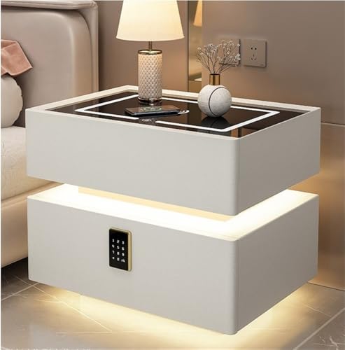 Moderner Nachttisch mit Induktionslicht und Passwortsperre, intelligenter Nachttisch mit kabelloser Ladestation, einfacher Nachttisch mit zwei Schubladen (Silber, 15,7 * 15,7 * 18,9 Zoll) (Weiß 19,7