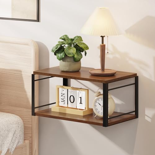 THYGIFTREE 2-stufiger Nachttisch,Schwebende Regale,Schwebendes Regal aus Holz und schwarzem Metall,Wandregal,Nachttis ch für Schlafzimmer,Wohnzimmer,B adezimmer,Küche