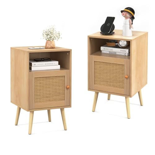 FANTASK 2er Set Nachttisch mit offenem Regal & Tür, 2-TLG Beistelltisch aus Rattan, Nachtschrank Landhausstil für Schlafzimmer und Wohnzimmer, 40 x 39 x 70cm (Natur) FANTASK 2er Set Nachttisch mit offenem Regal & Tür, 2-TLG Beistelltisch aus Rattan, Nachtschrank Landhausstil für Schlafzimmer und Wohnzimmer, 40 x 39 x 70cm (Natur)