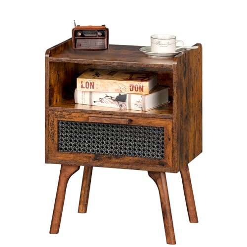 LELELINKY Nachttisch Rattan, Kleiner Beistelltisch Holz mit Schublade und Offenem Regal, Nachttische hat Tischbeine aus Massivholz für Wohnzimmer Sofatisch, Schlafzimmer Nachtkommode, Vintage Braun