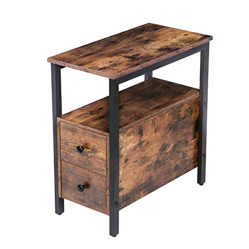 HOOBRO Beistelltisch, schmaler Nachttisch, Sofatisch Industrial, Nachtschrank mit 2 Schubladen, Nachtkommode Cochtisch für kleine Räume, Akzentmöbel in Holzoptik, Dunkelbraun EBF548BZ01G2