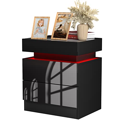 PIPIPOXER Nachttisch mit LED, Nachttisch Schwarz mit großen Stauraum,Nachttische mit 2 Schubladen und Hochglanz Kommode für Wohnzimmer, Schlafzimmer, 45x35x52cm