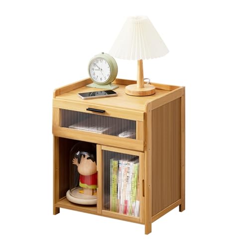 wintfarm Nachttisch Bambus,nachttische mit offenem Regal Schublade&Tür, Landhausstil nachttisch,Boho-Nachttisc h Bedside Table,Beistelltisch für Schlafzimmer,Wohnzimmer(H olzfarbe)