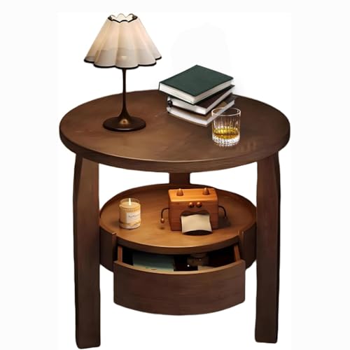 Zihpil Beistelltisch Aus Massivholz Im Vintage-Stil Runder | Couchtisch Mit Versteckten Schubladen, Mit 2 Ablagen Und Stauraum, Kleiner Nachttisch FüRs Wohnzimme,Braun,M