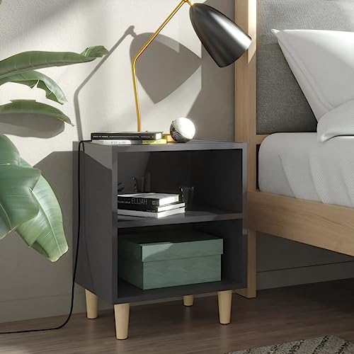 Ziaphsol Nachttisch mit Massivholz-Eukalyptusbein en Hochglanz-Grau 40x30x50 cm, skandinavische Nachtkommode für Schlafzimmer und Wohnzimmer, Stabiler Beistelltisch mit Zwei Staufächern