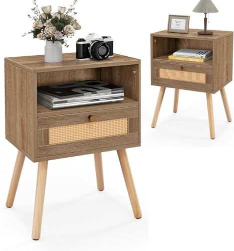 RELAX4LIFE 2er Set Nachttisch Holz, Beistelltisch mit Rattan-Schublade & offenem Fach & Kiefernholzbeinen, Nachtschrank Vintage, Nachtkommode für Wohnzimmer & Schlafzimmer, 40 x 30 x 60,5 cm, Braun