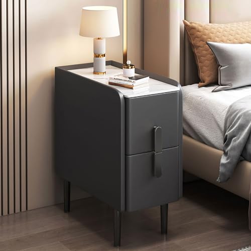 Moderner schwarzer Nachttisch mit Marmorplatte, schmaler Luxus-Beistelltisch, 2 Schubladen, Aufbewahrungsschrank, Metallbeine, stilvolles Schlafzimmermöbel, Kunstleder-Design.